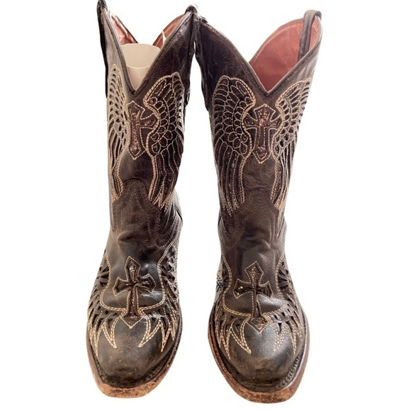 Rustic Innovation Brown Gold Distressed Leather Western Girls Boots Size 13 - Picture 1 of 11